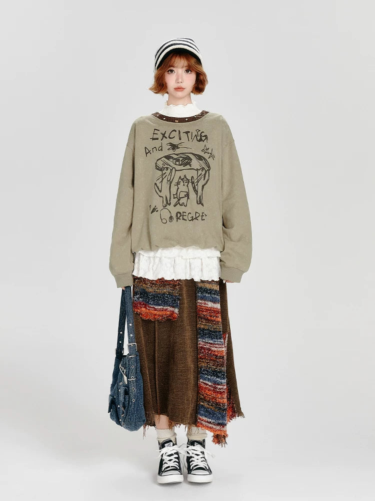Girlyhalo Retro Crew Neck Graffiti Printingsweatshirt