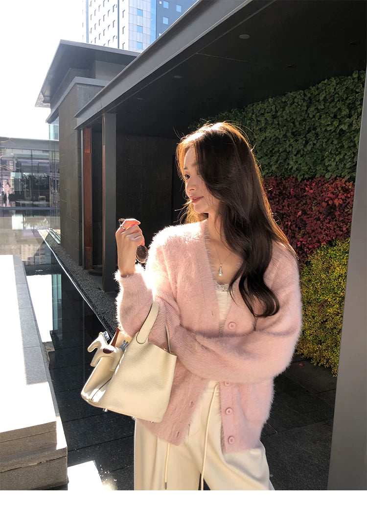 Pusumede  V-neck Loose Imitation Mink Cardigan