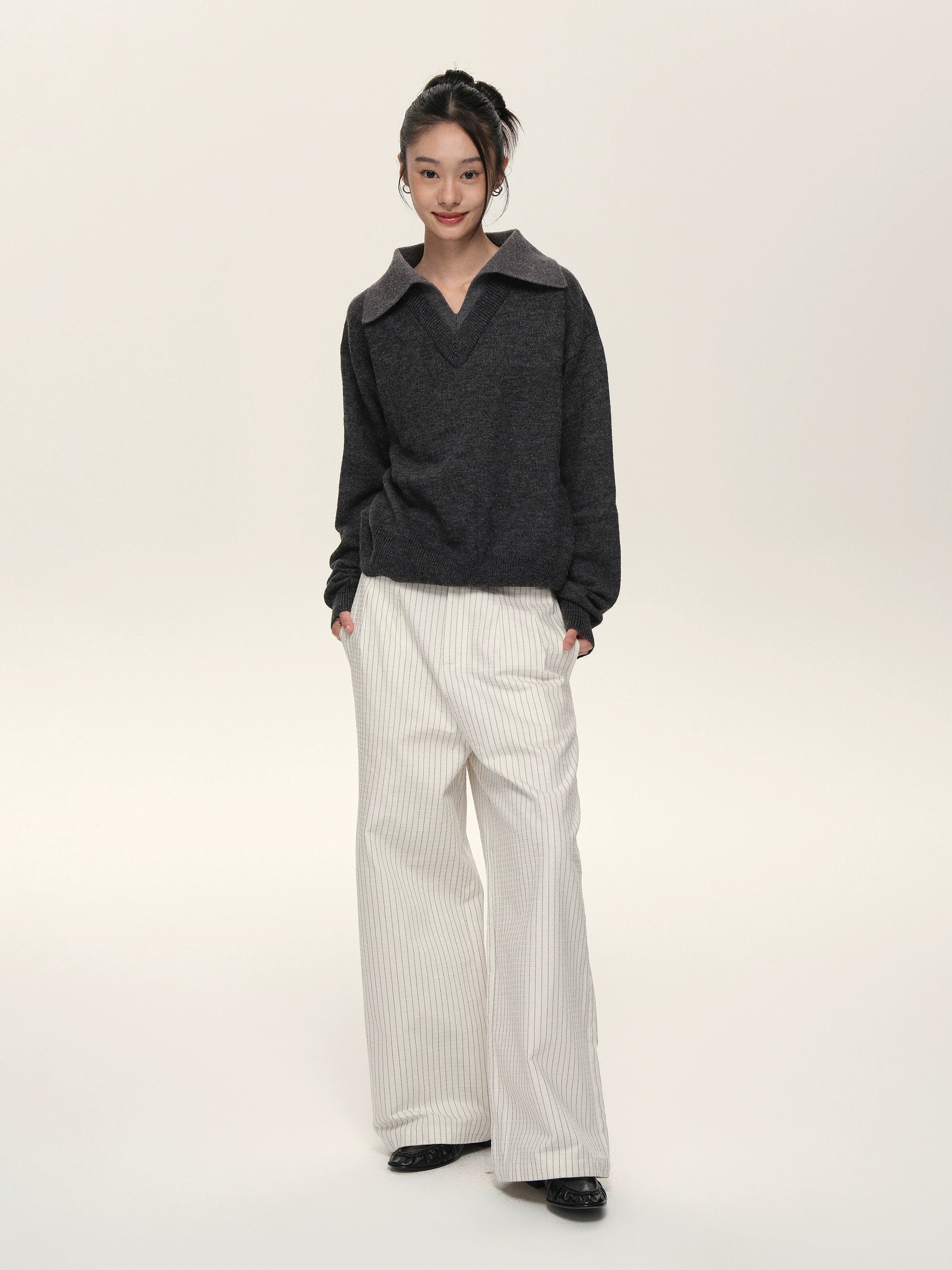Set for Life V-neck Lapel Color Matching Thin Long-sleeved Sweater