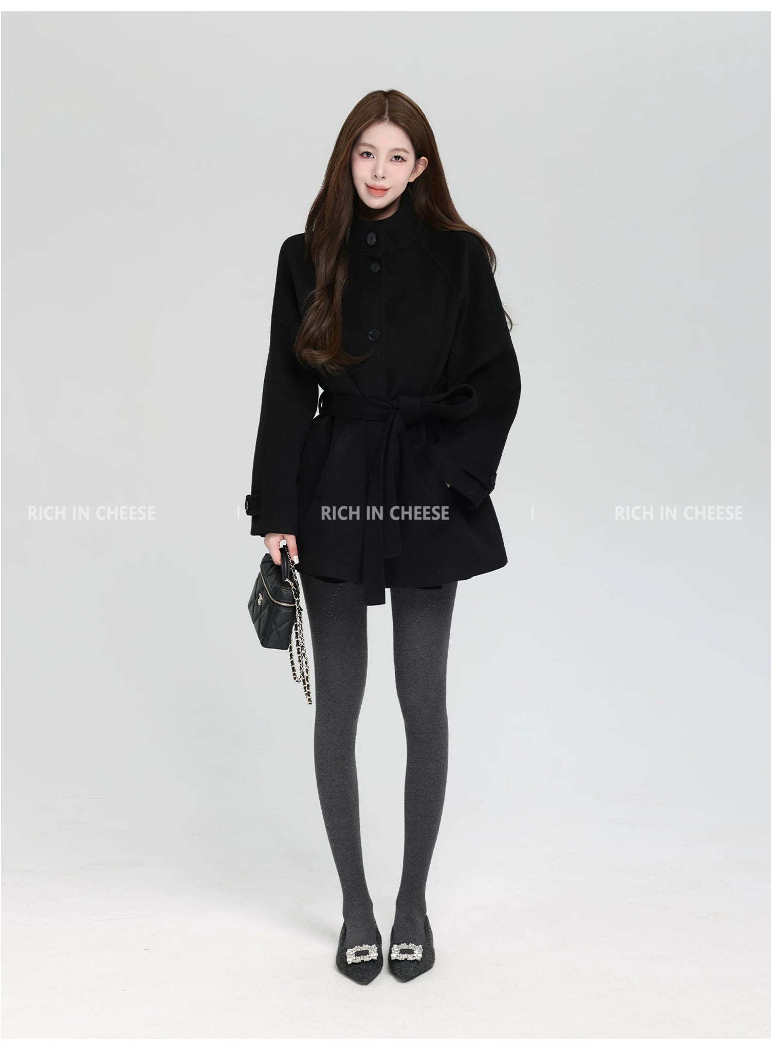 RICH IN CHEESE Short Stand-up Collar Waist Jacket