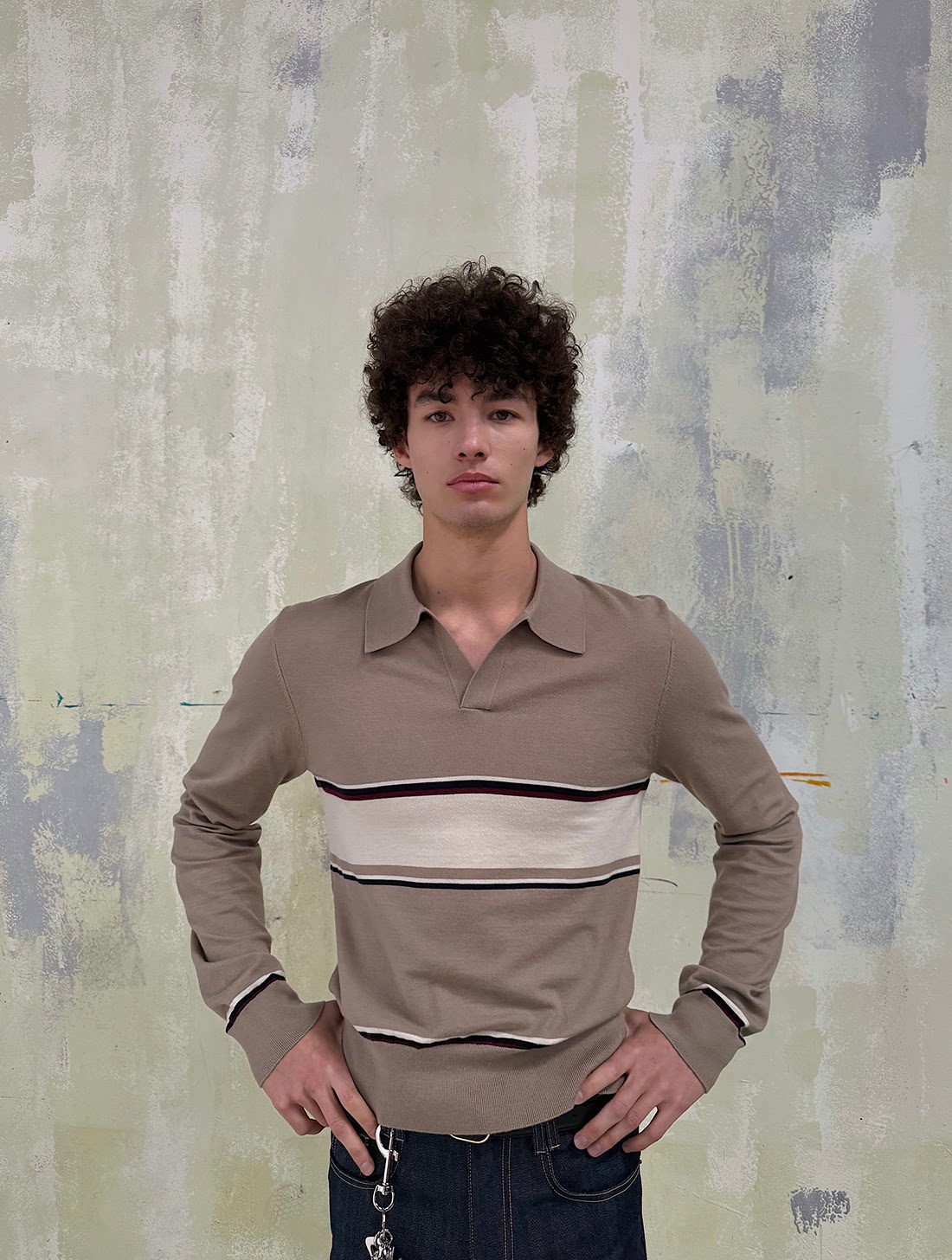 WEAVE Retro Intellectual Brown Striped Slim-Fit Knit Polo Shirt