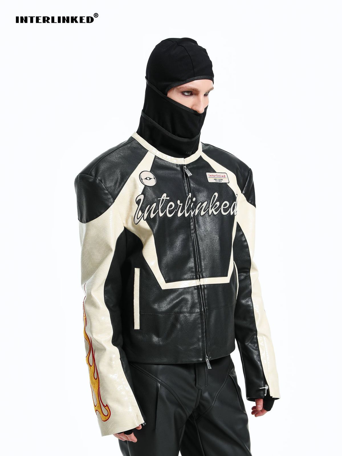 INTERLINKED Contrast Stitching Cropped Motorcycle Leather Jacket