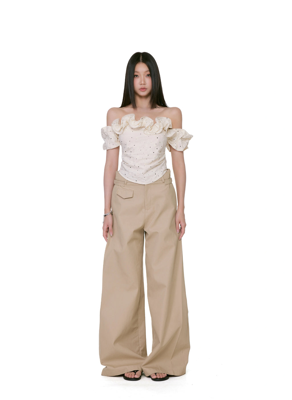 WITHMIN One-word Shoulder Polka Dot Waist Shirt