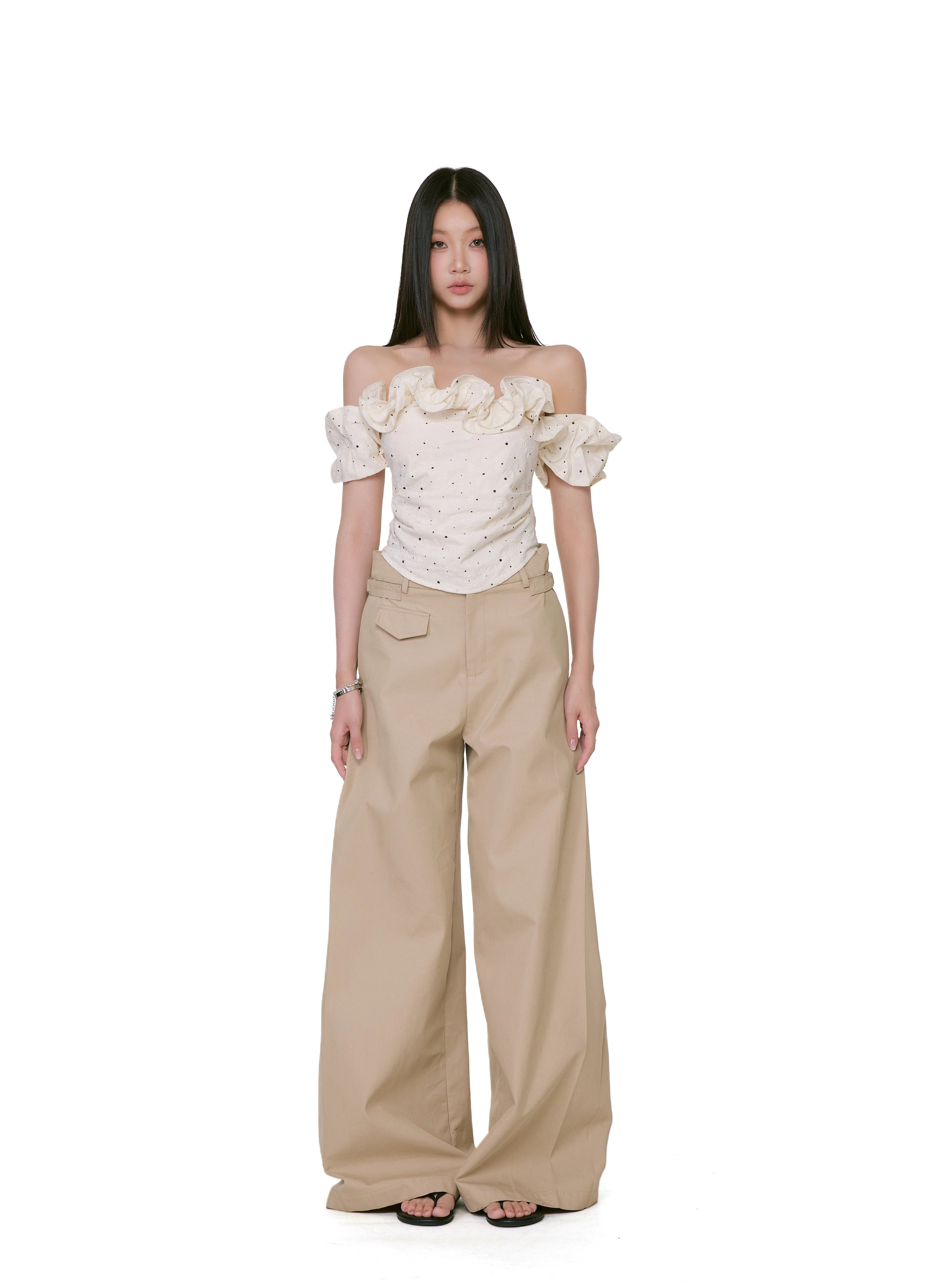 WITHMIN One-word Shoulder Polka Dot Waist Shirt