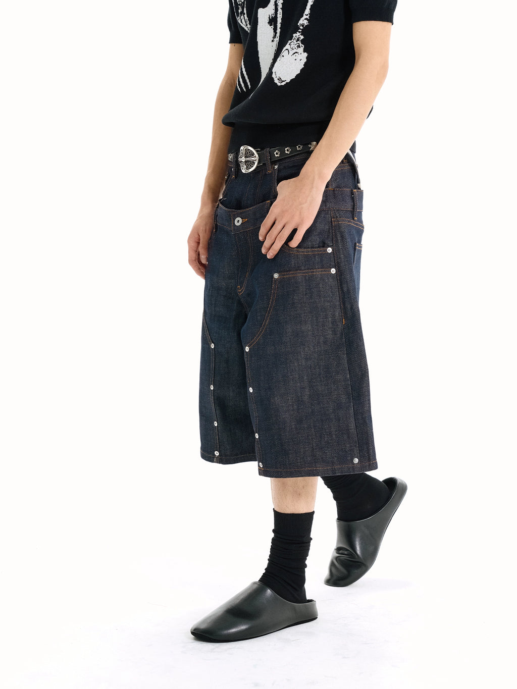 WANNA LAB Original Denim Logging A Word Six or Seven Point Short Trousers