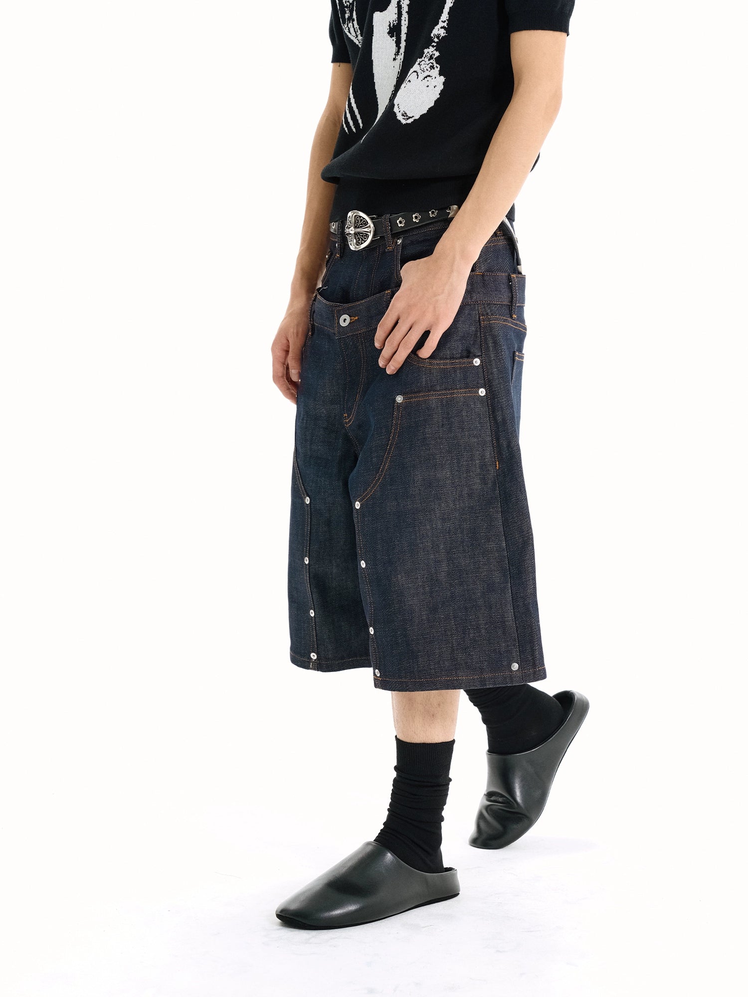 WANNA LAB Original Denim Logging A Word Six or Seven Point Short Trousers