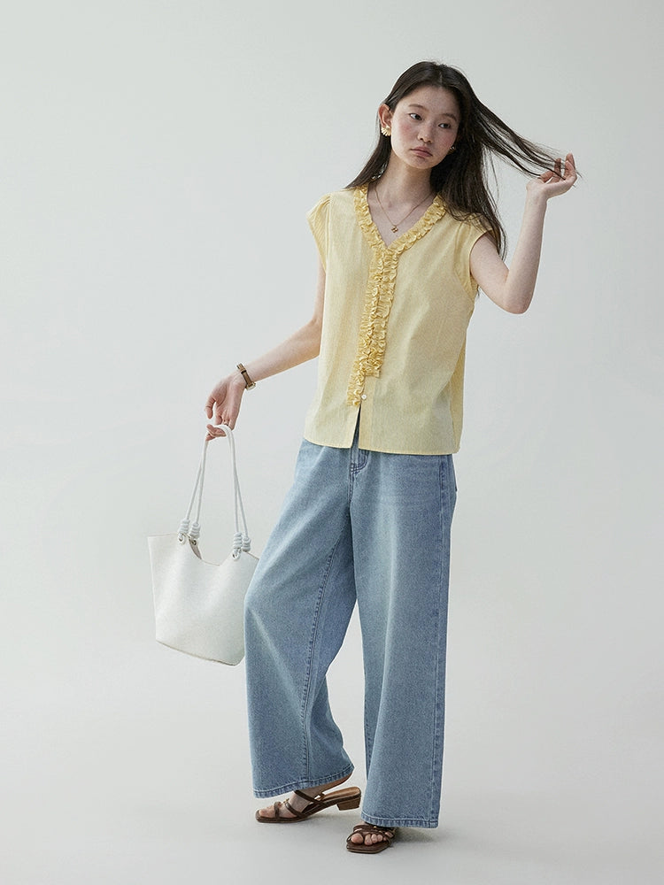 VOOE Fungus Edge V-Neck Striped Small Flying Sleeve Shirt