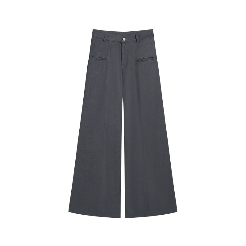 COSTUSTOOT Grey Pleated High-Waist Wide-Leg Trousers
