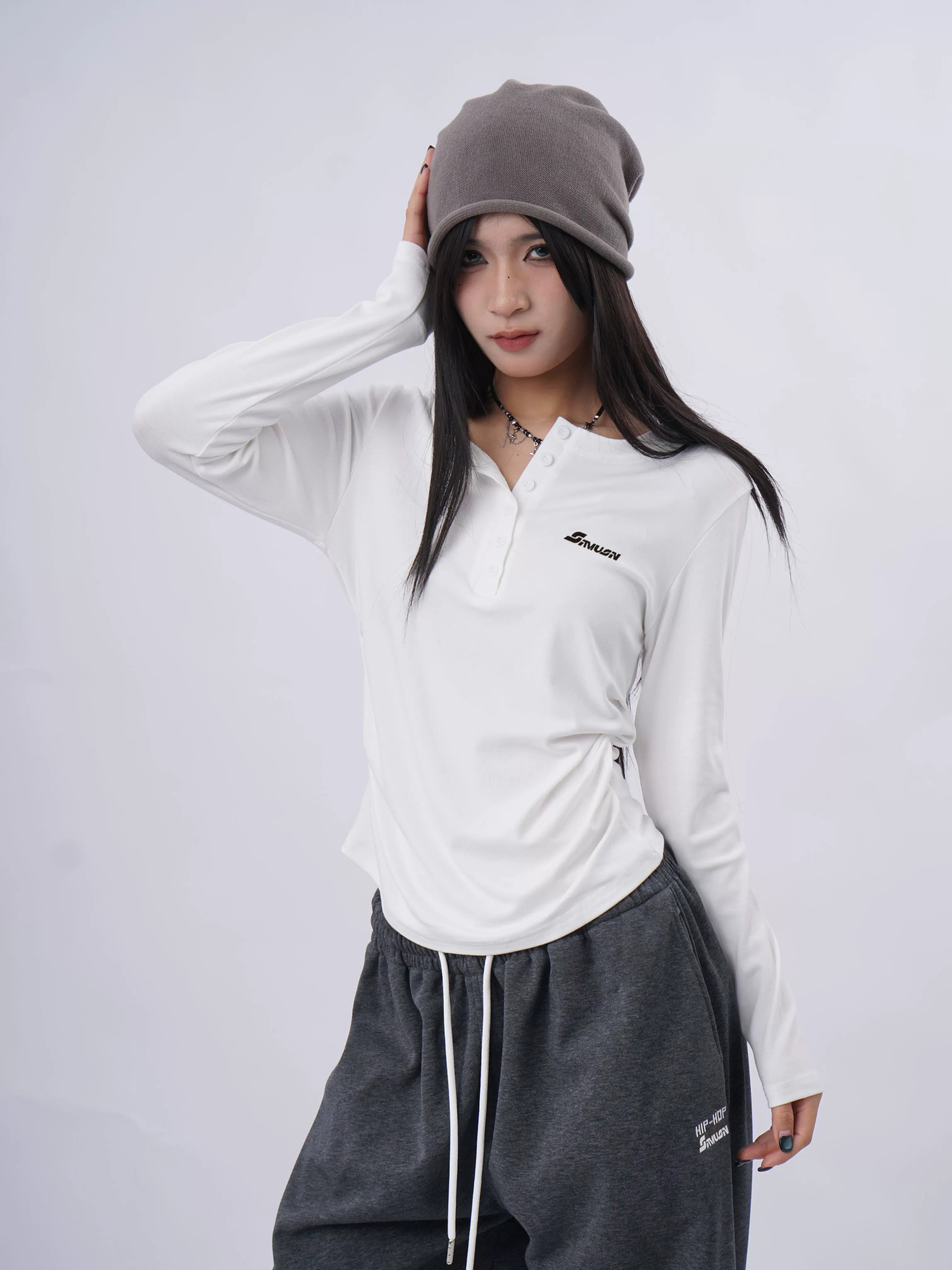 SAMUSAN Side Seam Pleated Skinny Long Sleeve
