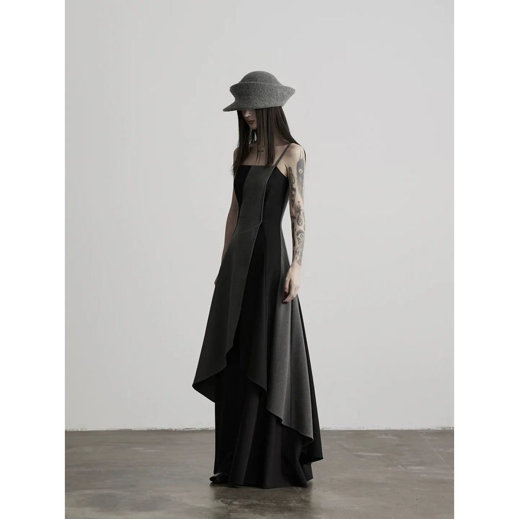 INDULGE Asymmetric Layered Color-Block Fit-and-Flare Slip Maxi Dress