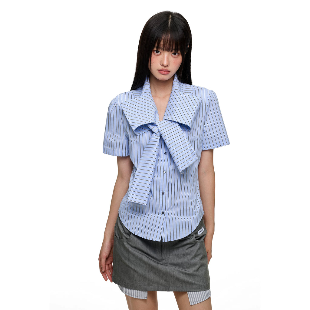 JIKOO Bow Hot Diamond Vertical Stripe Slim Fit Skinny Shirt