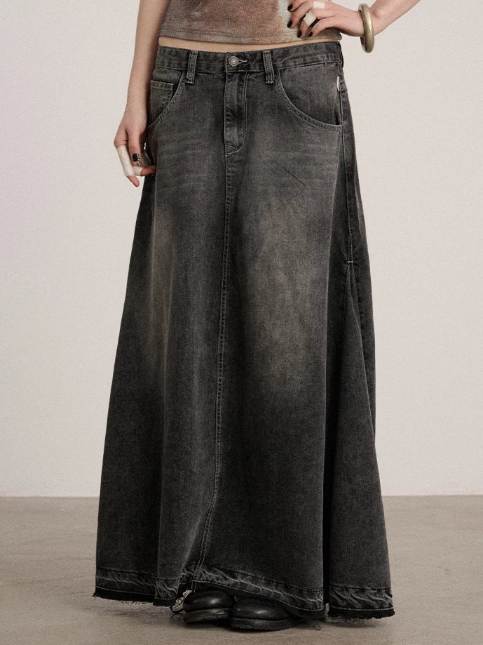 Achihara Black Beach Low-Rise A-Line Denim Maxi Skirt