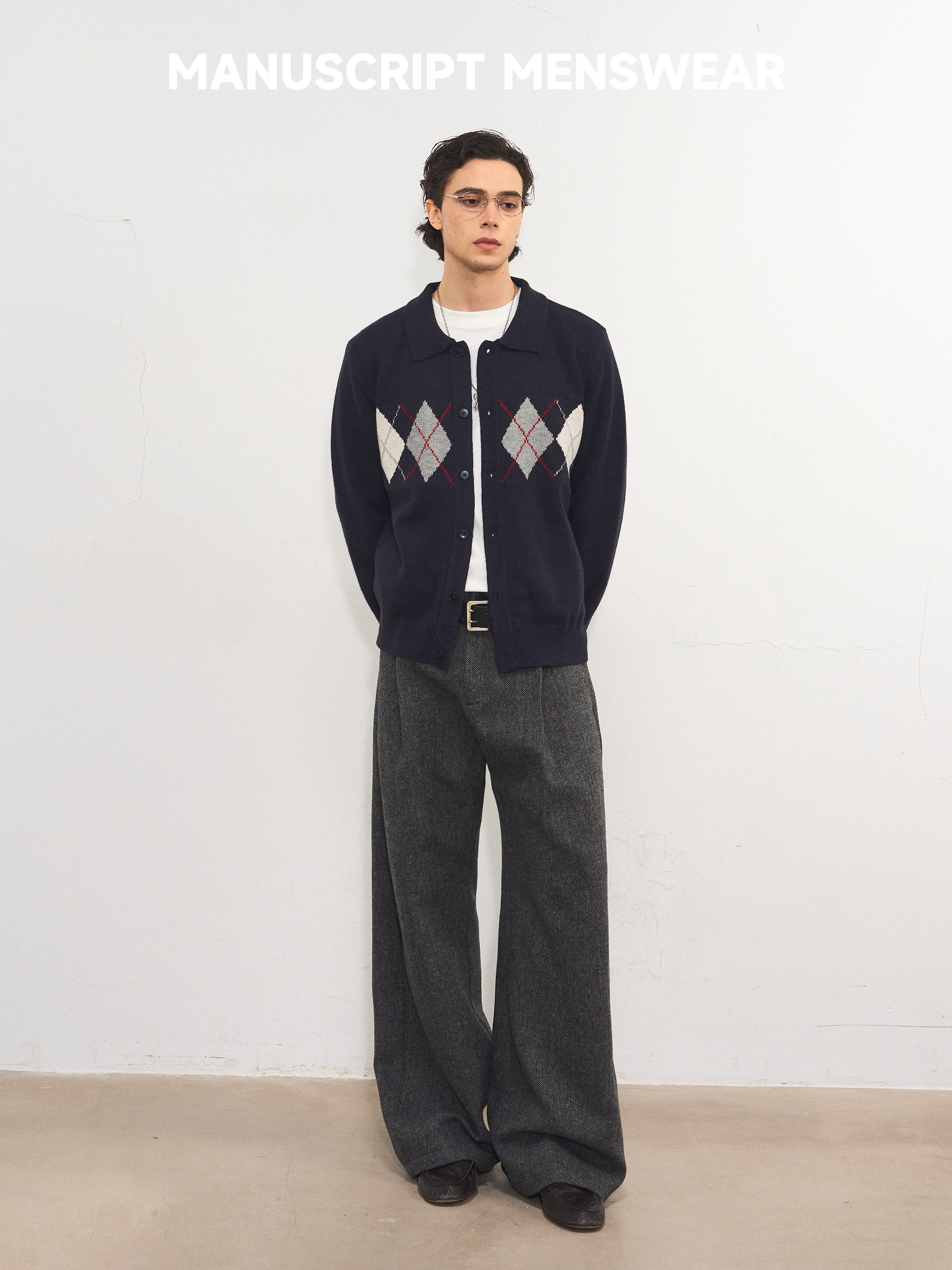 MANUSCRIPT Herringbone Straight Casual Woolen Trousers