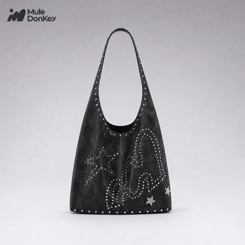 Mule Donkey Blue Denim Studded Shoulder Bag - Star Print