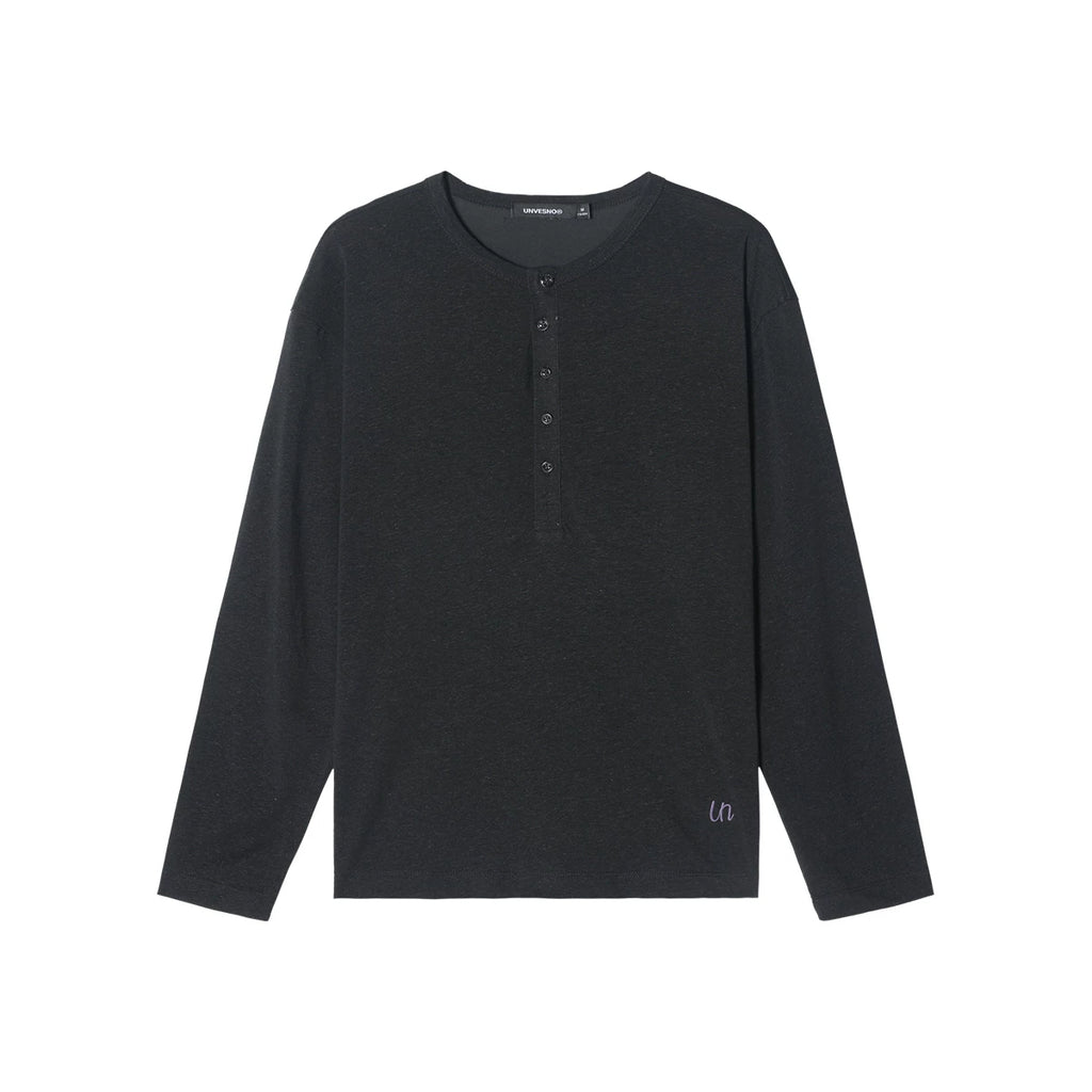 Unvesno Linen Texture Relaxed Long-Sleeve Henley Tee