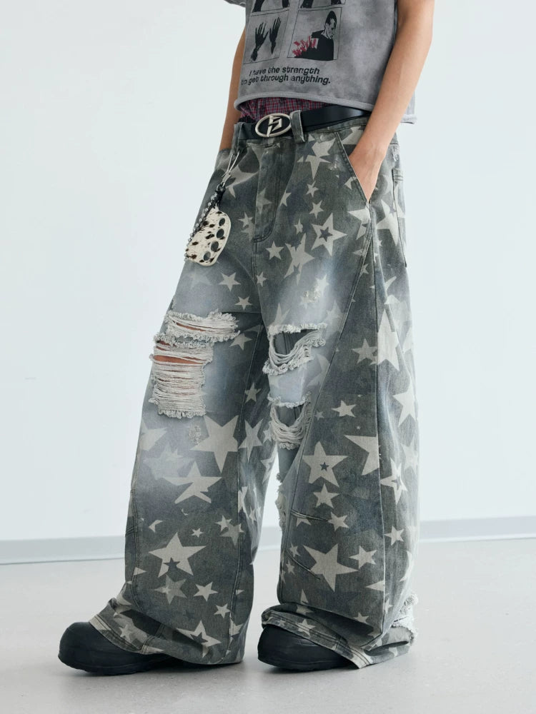 PEOPLESENSE Distressed Star Wide-Leg Curved Jeans