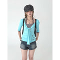 Kasugano TOO Water Blue Polka Dot Fitted Henley Tee
