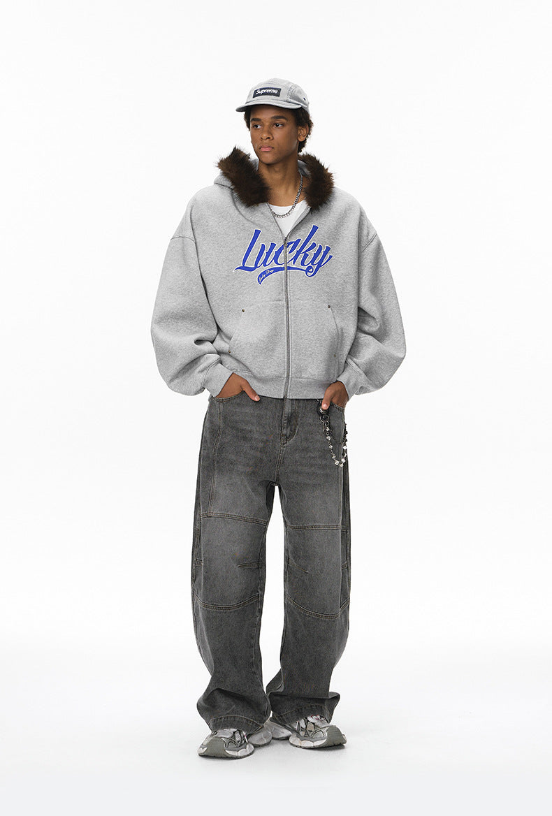 Inflation Hooded Embroidered Plush Collar Short Jacket