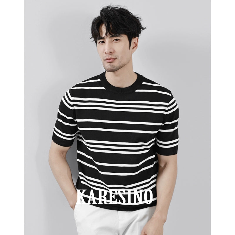 KARESINO Ice Silk Breathable, Striped Crew Neck Casual Tee