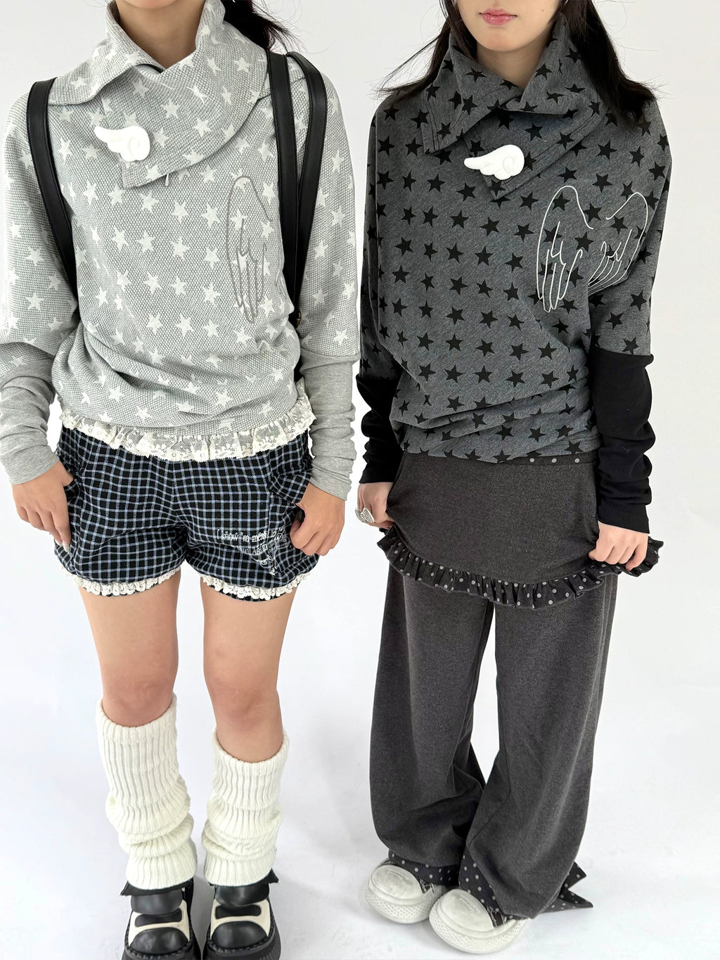 Kasugano TOO Casual Punk Star Wing Irregular Dark Gray-Black Long-Sleeve Top