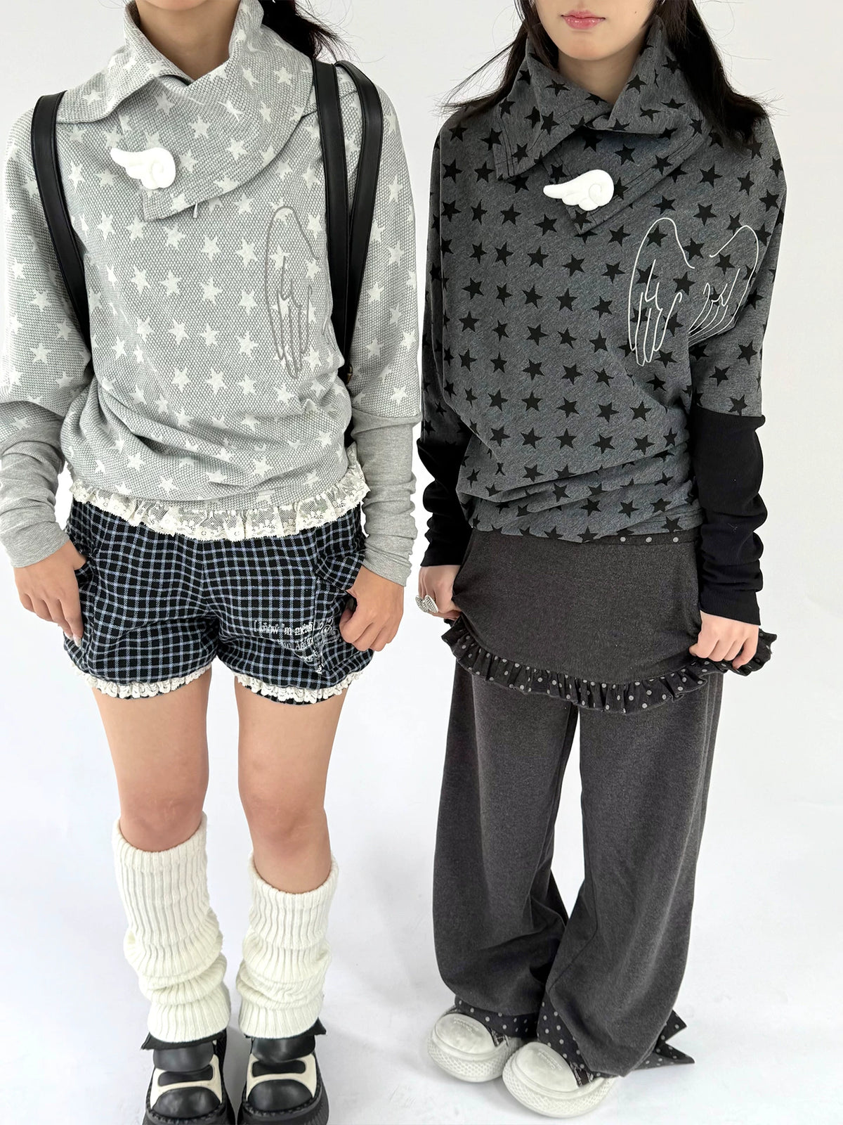 Kasugano TOO Casual Punk Star Wing Irregular Dark Gray-Black Long-Sleeve Top