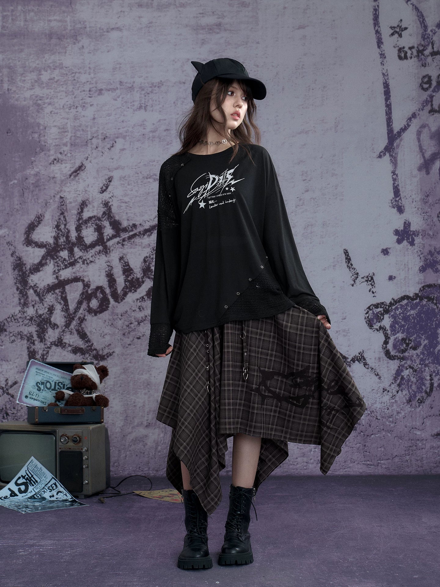 SagiDolls Girl Power Brown Plaid A-Line Long Skirt