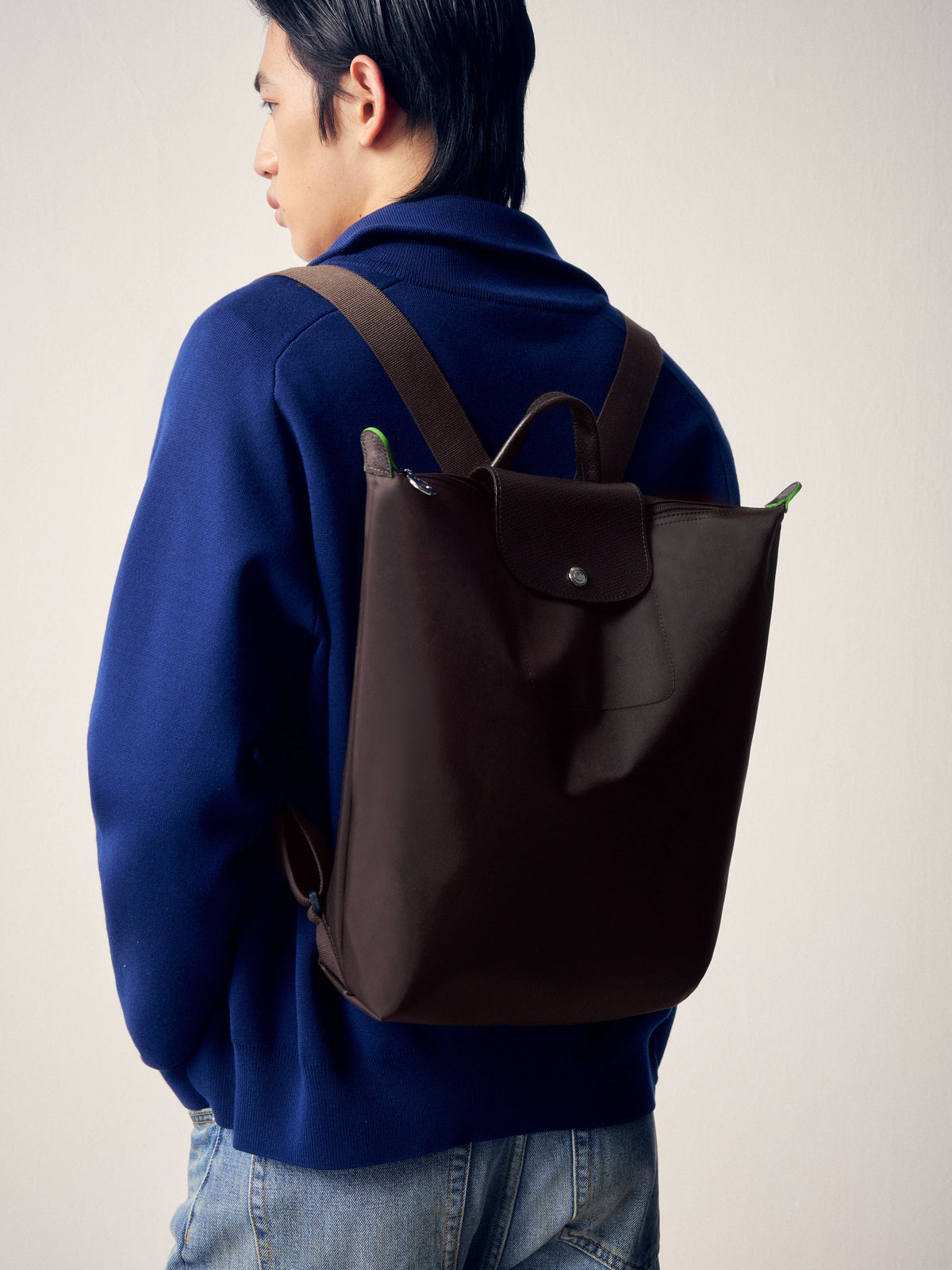 NO LOGO Top-Grain Leather Nylon Backpack - Zip-Top
