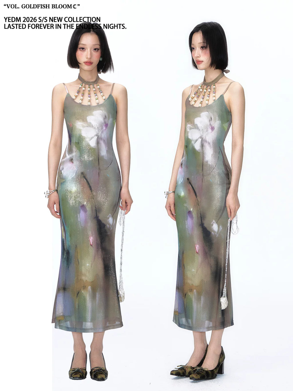 YEDM Chinese Style Gradient Floral Beaded Bodycon Slip Dress