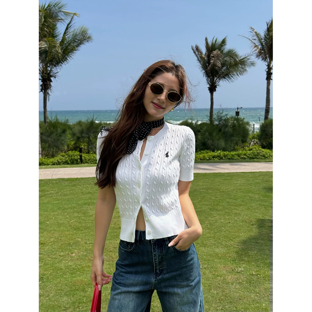 NEVA HU Embroidered Crew Neck Twist Short-sleeved Knitted Cardigan