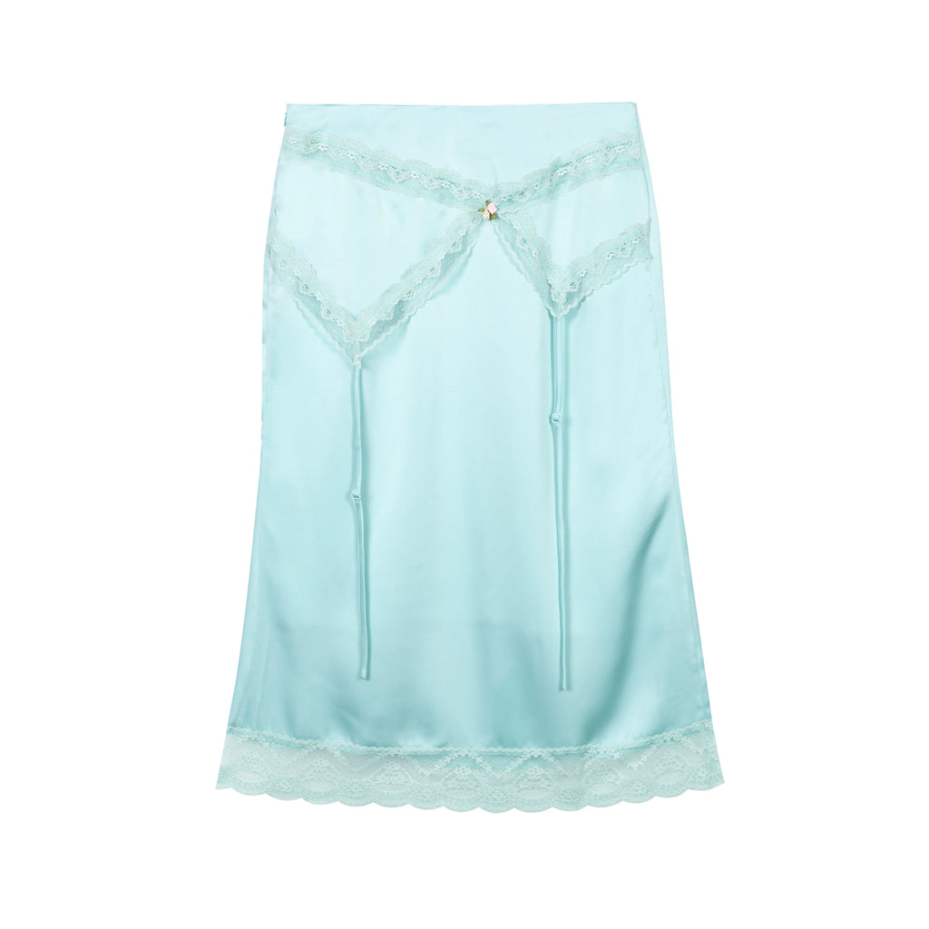 Yawhat Mint Green Satin Lace Fishtail Midi Skirt