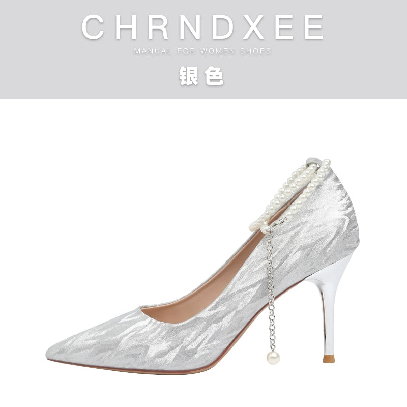 CHRNDXEE Pointed-toed Shallow-mouth Pearl One-word Strap Mary Jane Single Shoes