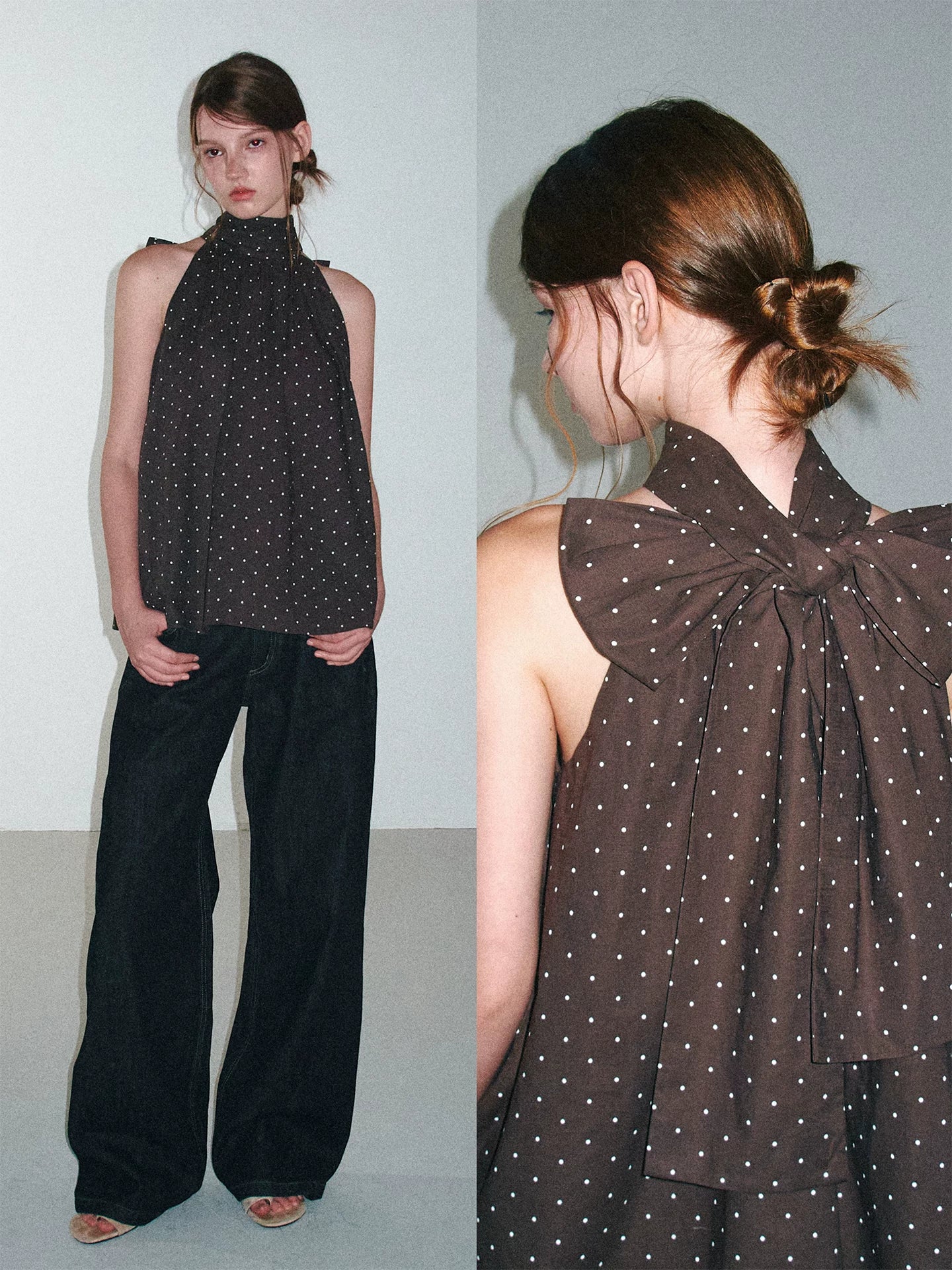 LOST FOREST Linen Bow Tie Halter Neck Top