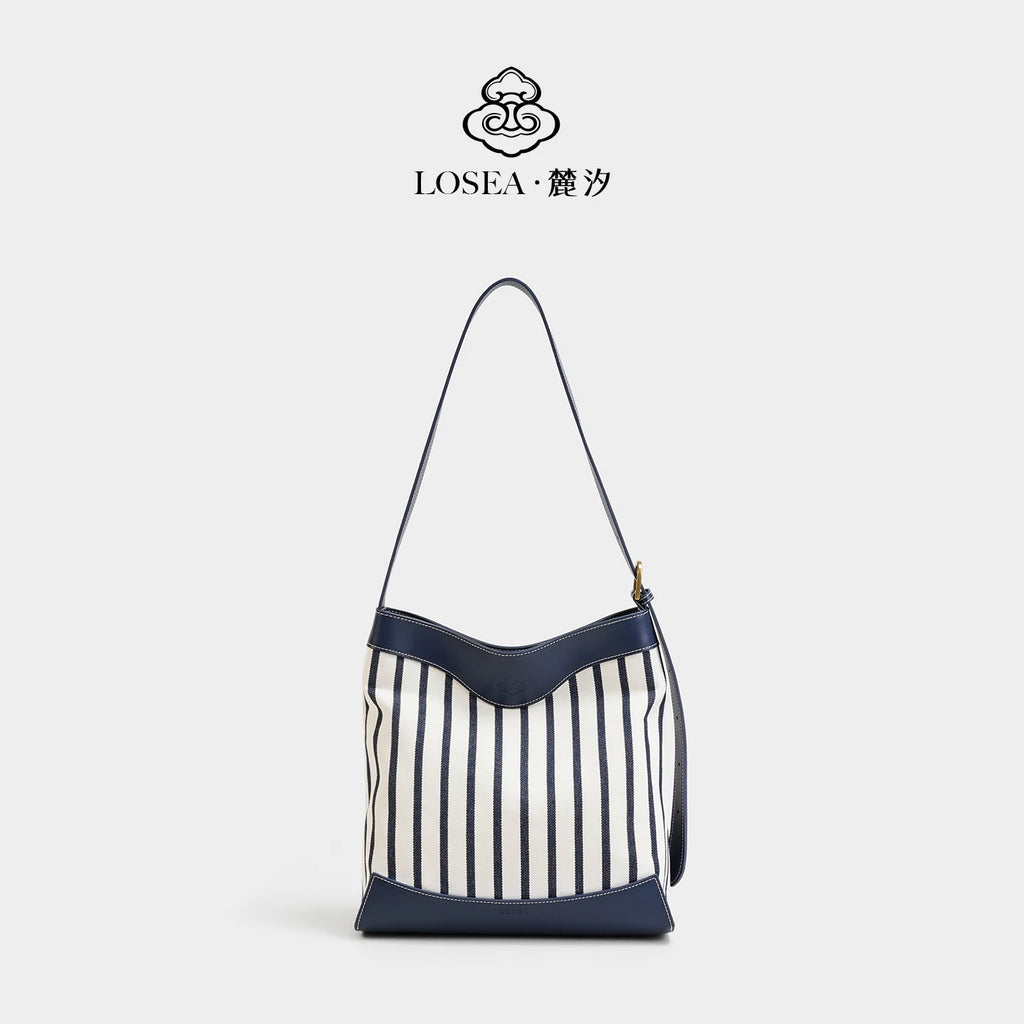 LOSEA Blue Striped Full-Grain Leather Magnetic Bucket Bag