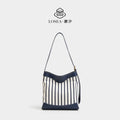 LOSEA Blue Striped Full-Grain Leather Magnetic Bucket Bag