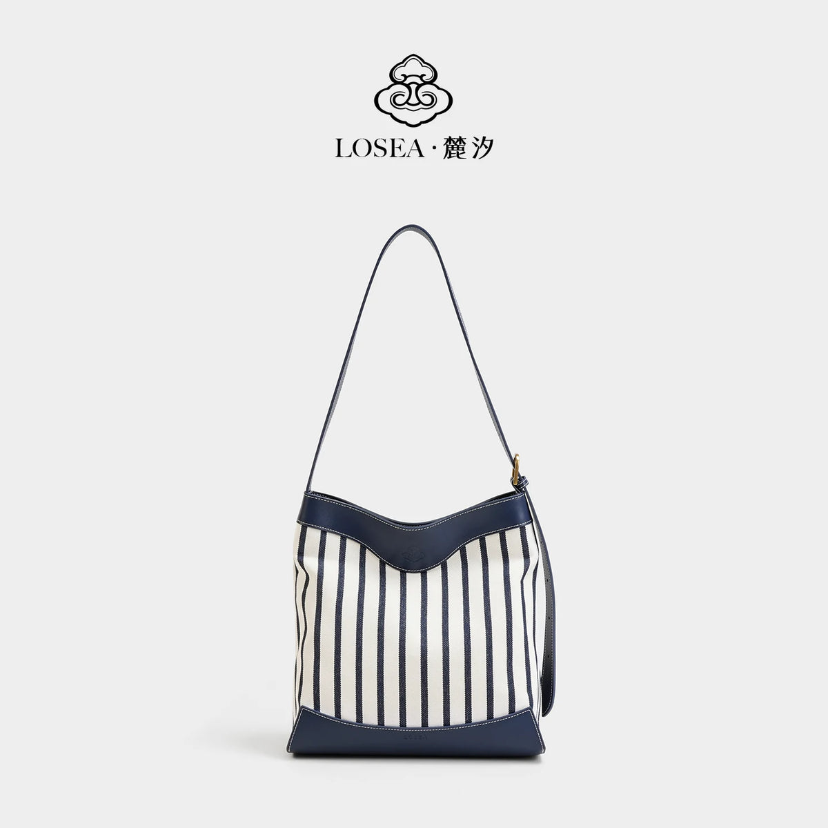 LOSEA Blue Striped Full-Grain Leather Magnetic Bucket Bag