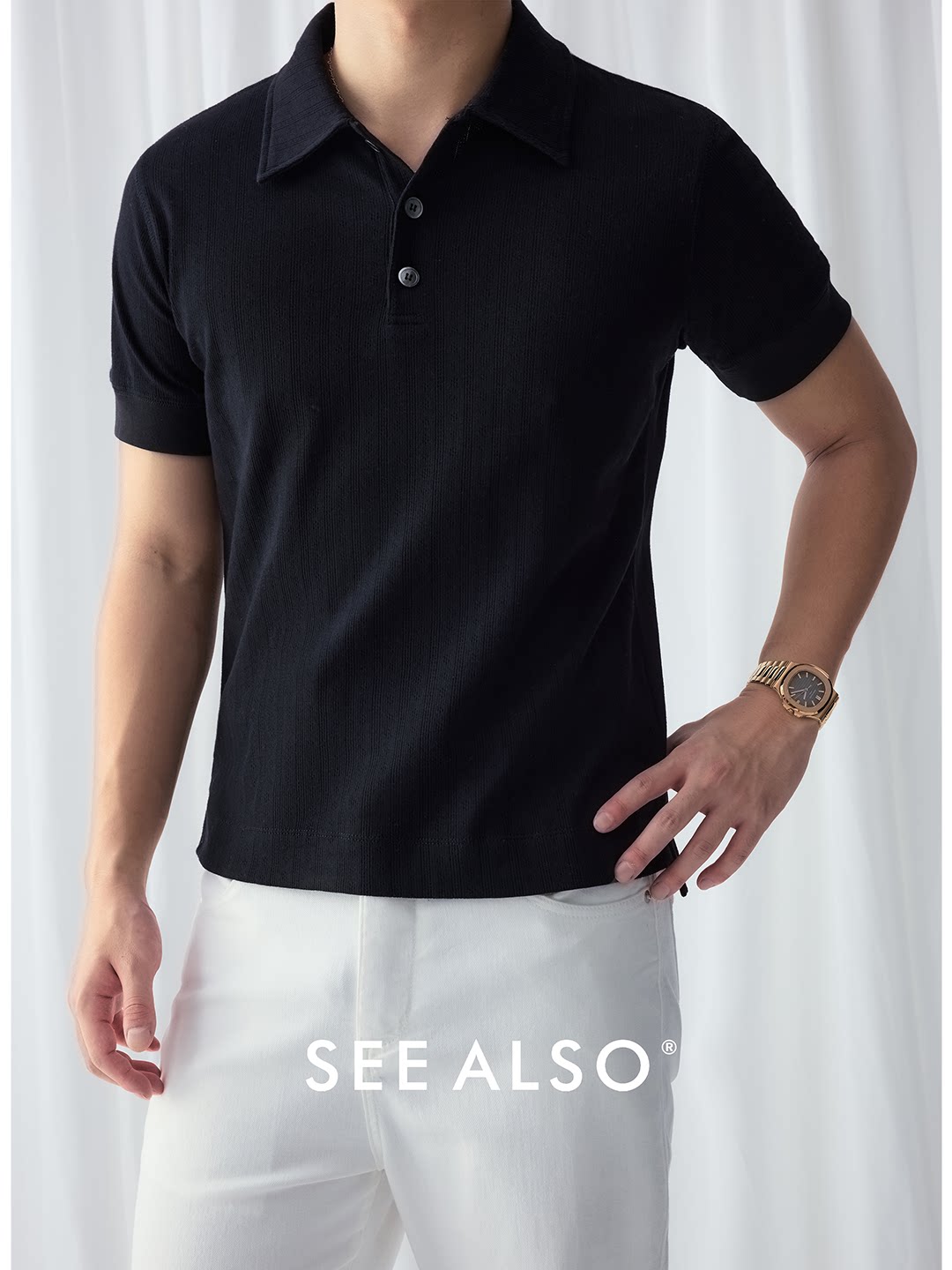 SEE ALSO Heavyweight Vertical Stripe Textured Knit Polo Shirt