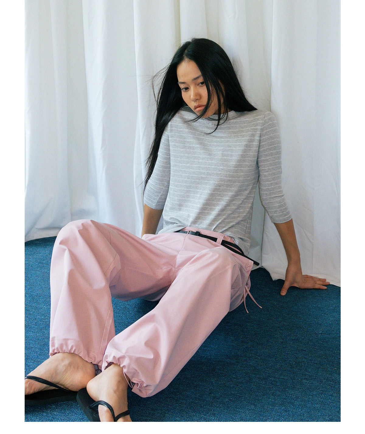 FUNKYFUN Stretch Pinstriped Front Shoulder Tee
