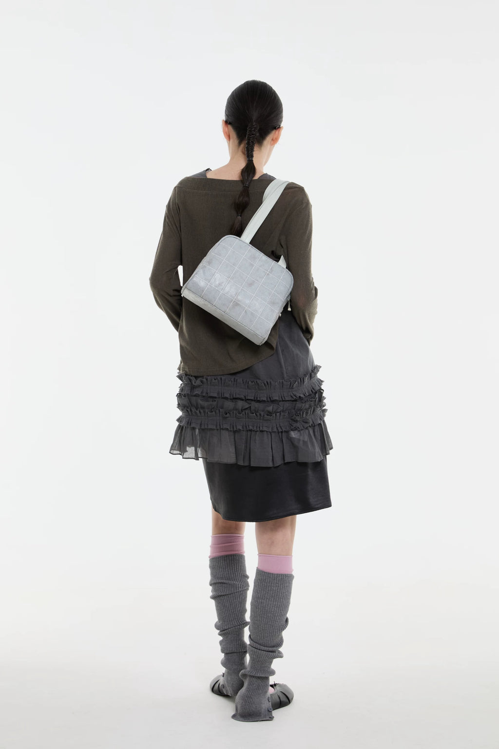 DIRTY SIX Gray Woven Fabric Zip-Top Shoulder Bag