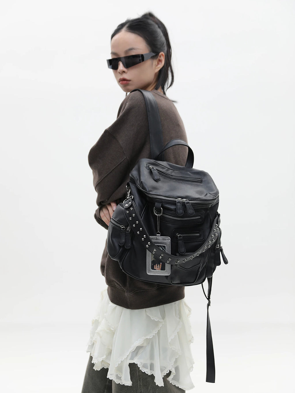 JANDRESS Faux Leather Zip-Top Single-Shoulder Backpack