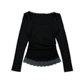 JCAESAR WOMEN Pleated Lace-Trim Merino Wool Blend U-Neck Slim Fit Tee