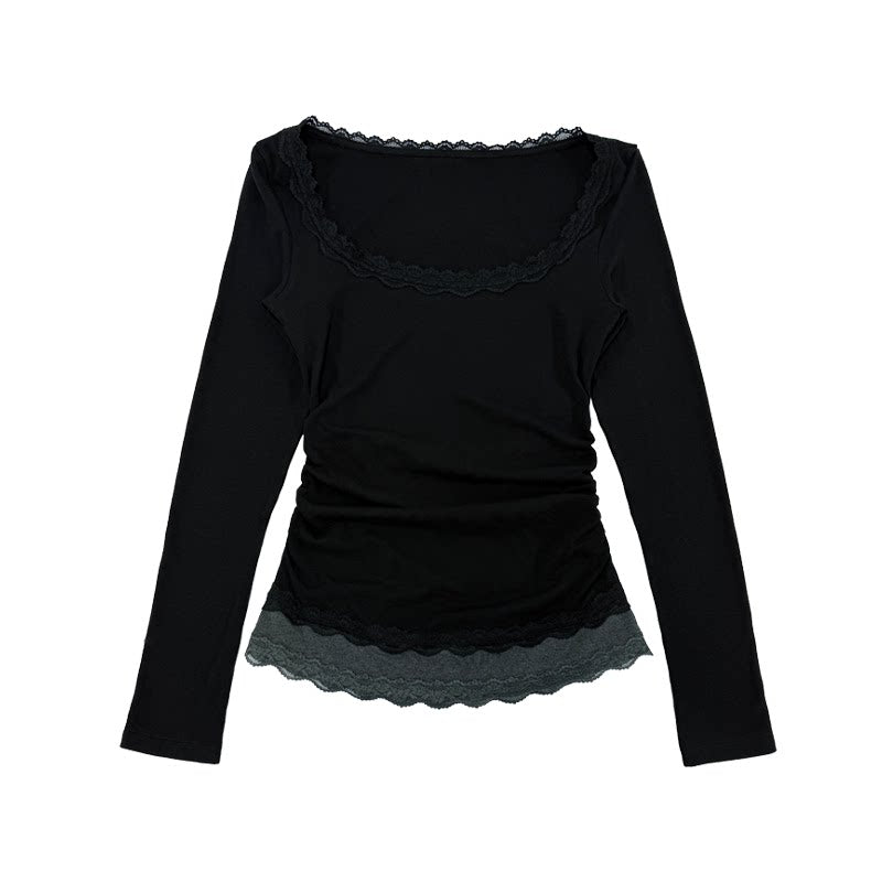 JCAESAR WOMEN Pleated Lace-Trim Merino Wool Blend U-Neck Slim Fit Tee