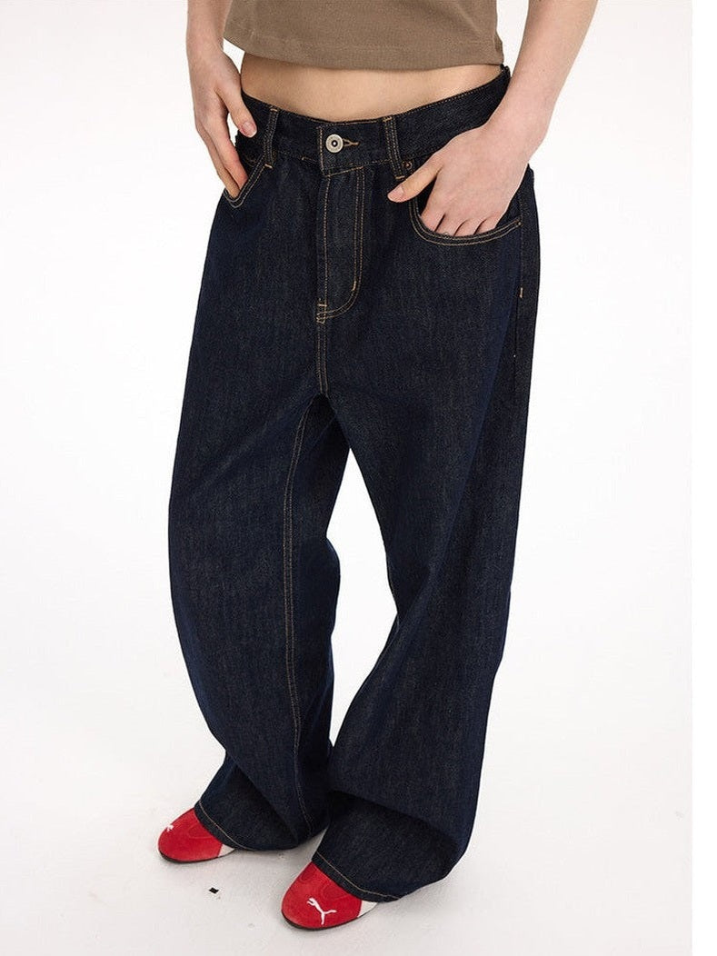 UNF 130z Dark Blue Raw Cow RAW Denim Loose Straight Jeans