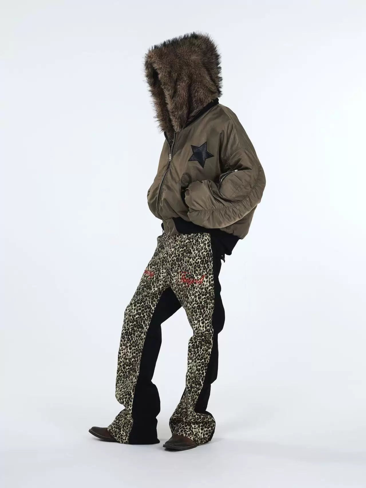 DETW Retro Double Leopard Print Micro-stack Visual Jeans