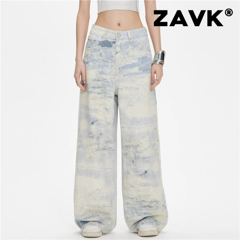 ZAVK Washed Tie-Dye Wide-Leg Jeans