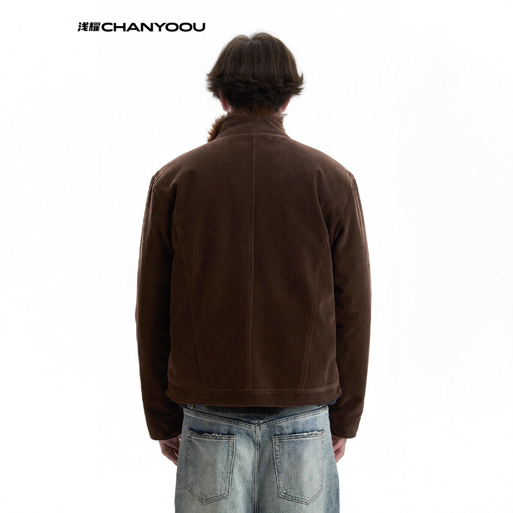 CHANYOOU Retro Suede Stand-up Collar Fleece Short Jacket