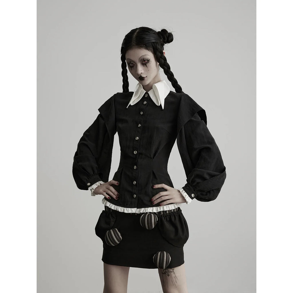 INDULGE Ruffled Puff-Sleeve Pointed-Collar Shirt