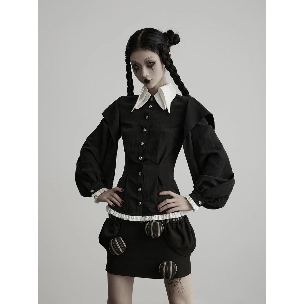 INDULGE Ruffled Puff-Sleeve Pointed-Collar Shirt