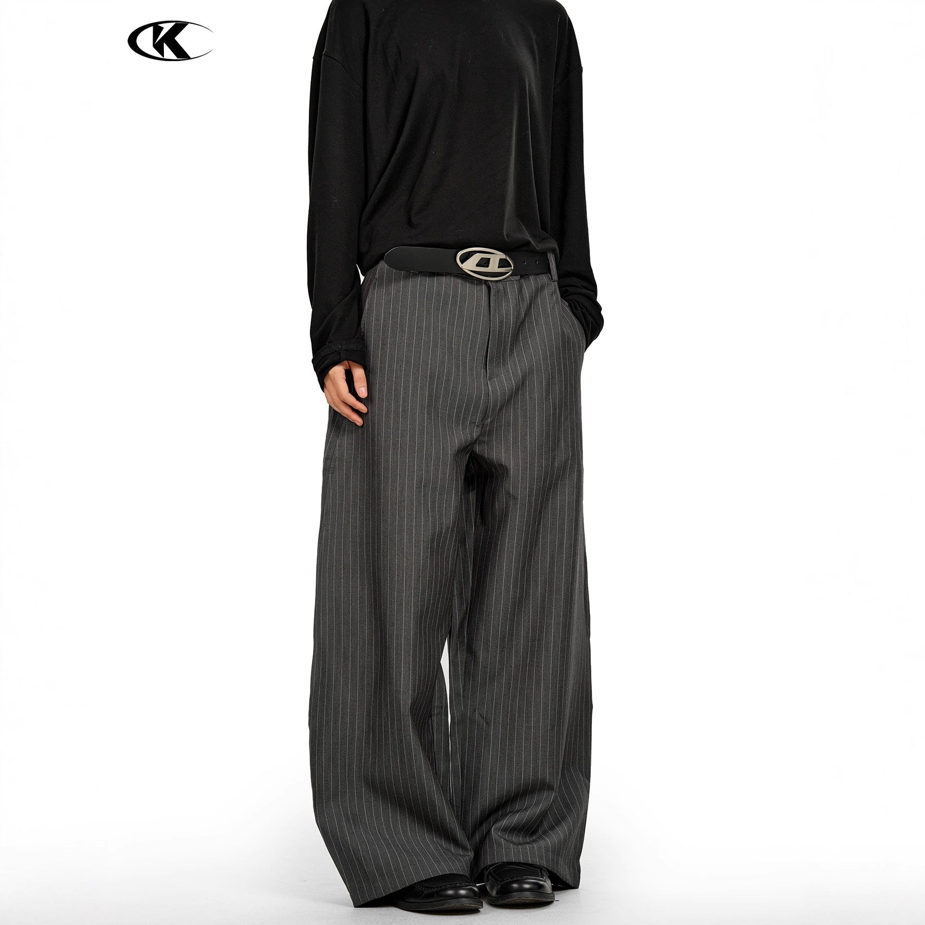 11KN Grey Pinstripe Wide-Leg Trousers