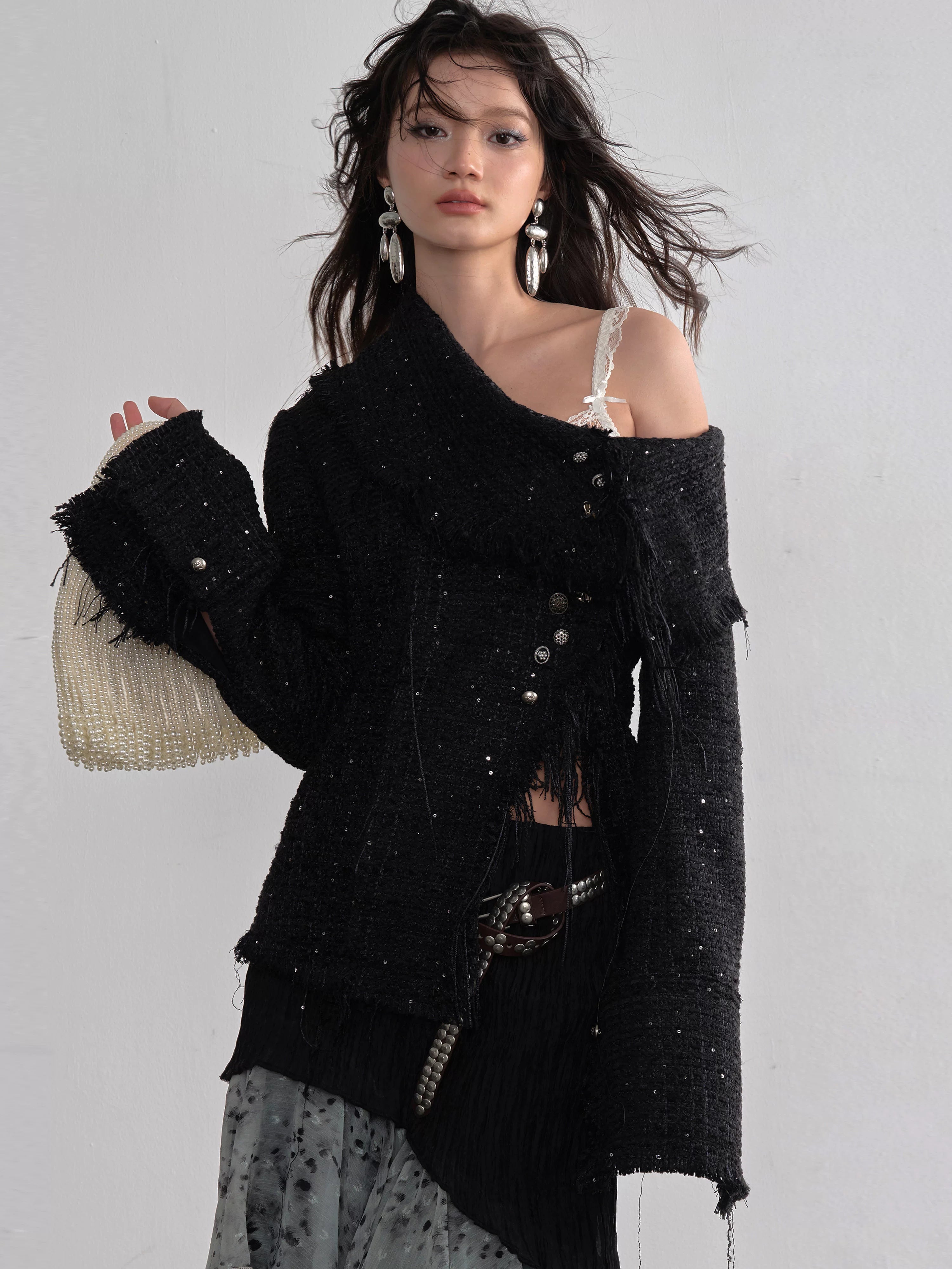 JNYLON Tassel Slanted Front Metal Button Chanel-style Jacket