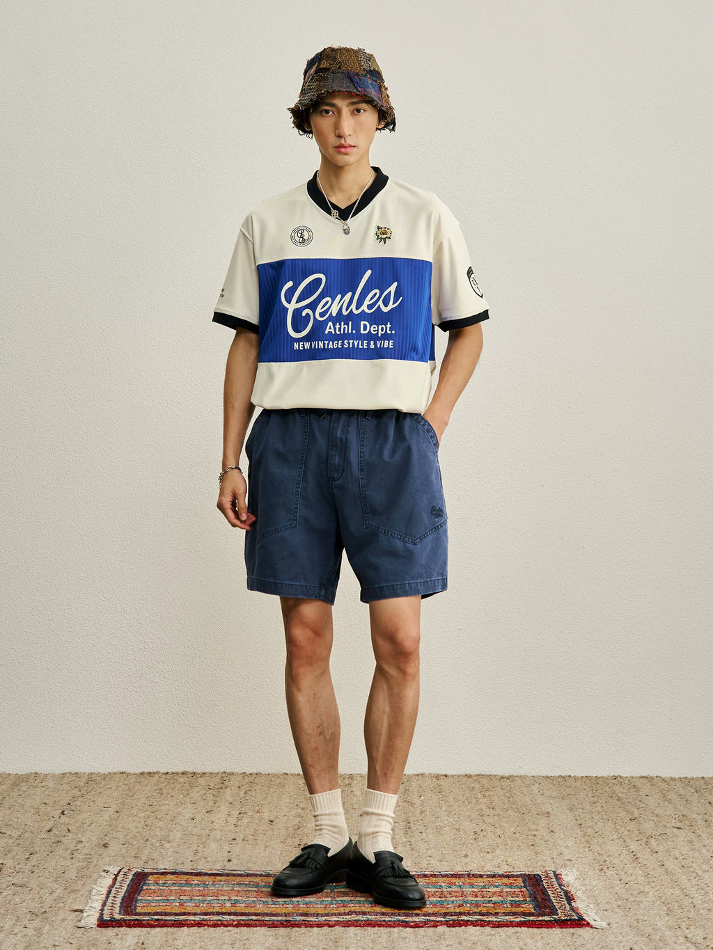 CENLES Color-Block Patchwork 240g Breathable Loose V-Neck Tee
